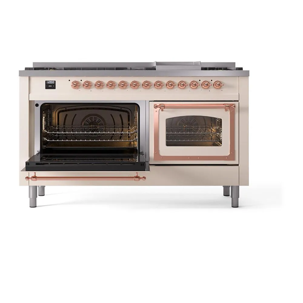 Ilve UN60FNMPAWPLP Ilve Un60Fnmpawplp Nostalgie Ii Noblesse 60" Dual Fuel Range (9 Sealed Burners   Griddle, Liquid Propane, Triple Glass Door, Antique White, Copper)