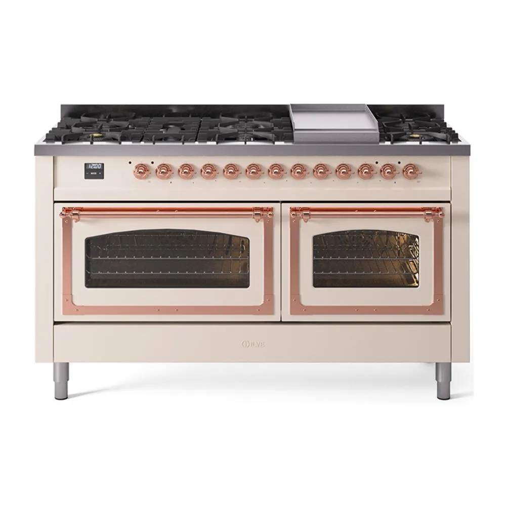 Ilve UN60FNMPAWPLP Ilve Un60Fnmpawplp Nostalgie Ii Noblesse 60" Dual Fuel Range (9 Sealed Burners   Griddle, Liquid Propane, Triple Glass Door, Antique White, Copper)