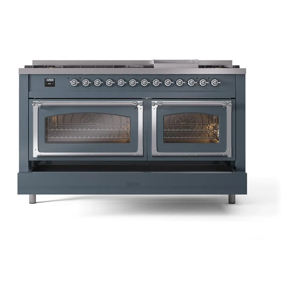 Ilve UN60FNMPBGCLP Ilve Un60Fnmpbgclp Nostalgie Ii Noblesse 60" Dual Fuel Range (9 Sealed Burners   Griddle, Liquid Propane, Triple Glass Door, Blue Grey, Chrome)
