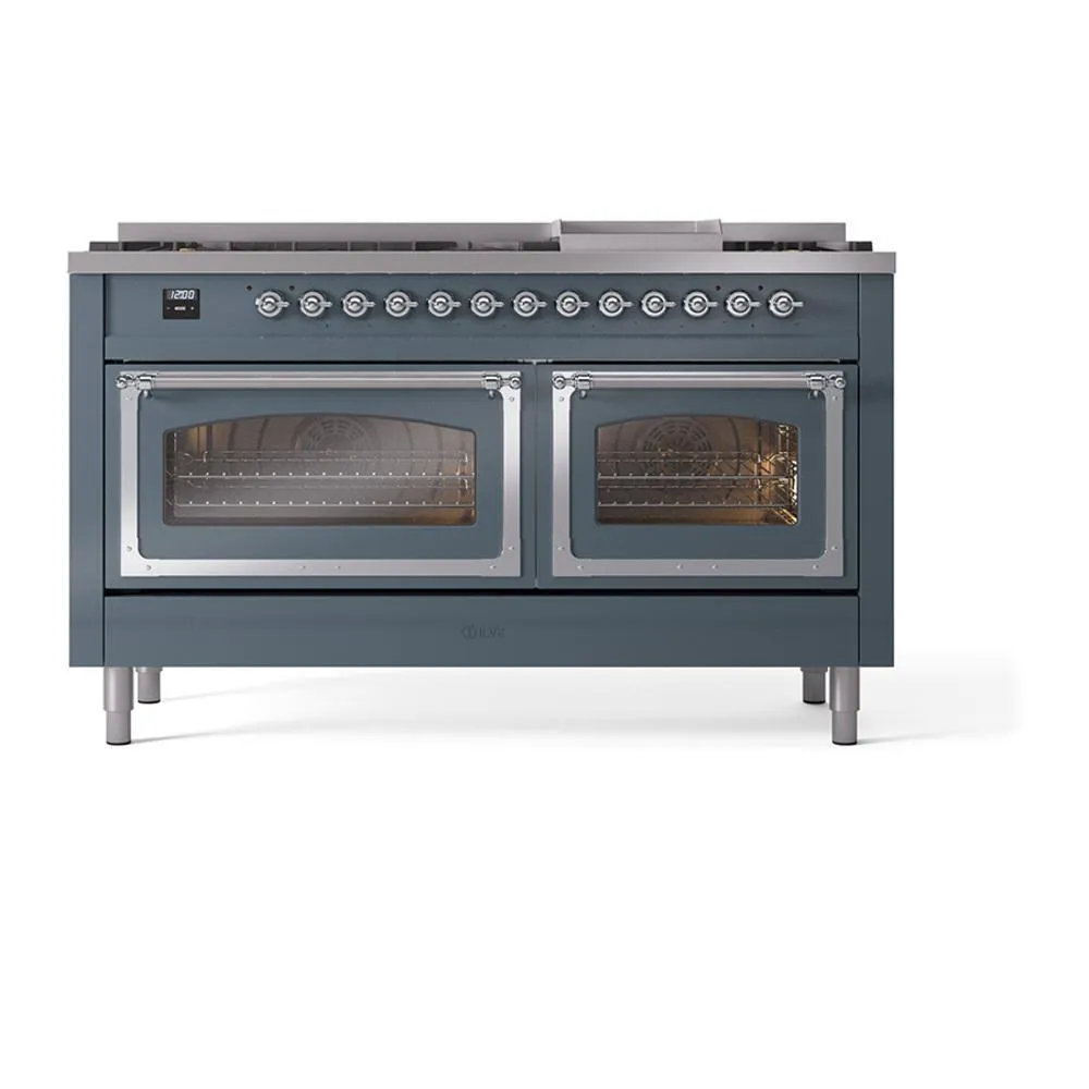 Ilve UN60FNMPBGCLP Ilve Un60Fnmpbgclp Nostalgie Ii Noblesse 60" Dual Fuel Range (9 Sealed Burners   Griddle, Liquid Propane, Triple Glass Door, Blue Grey, Chrome)