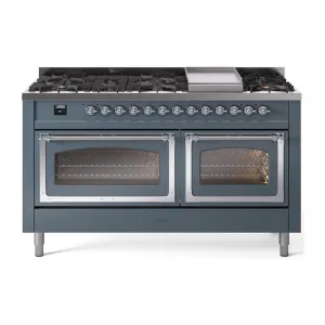 Ilve UN60FNMPBGCLP Ilve Un60Fnmpbgclp Nostalgie Ii Noblesse 60" Dual Fuel Range (9 Sealed Burners   Griddle, Liquid Propane, Triple Glass Door, Blue Grey, Chrome)