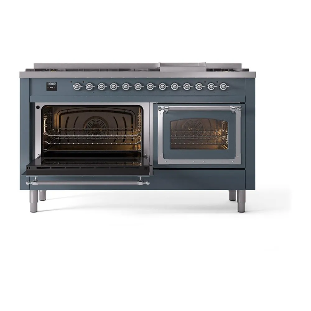 Ilve UN60FNMPBGCLP Ilve Un60Fnmpbgclp Nostalgie Ii Noblesse 60" Dual Fuel Range (9 Sealed Burners   Griddle, Liquid Propane, Triple Glass Door, Blue Grey, Chrome)