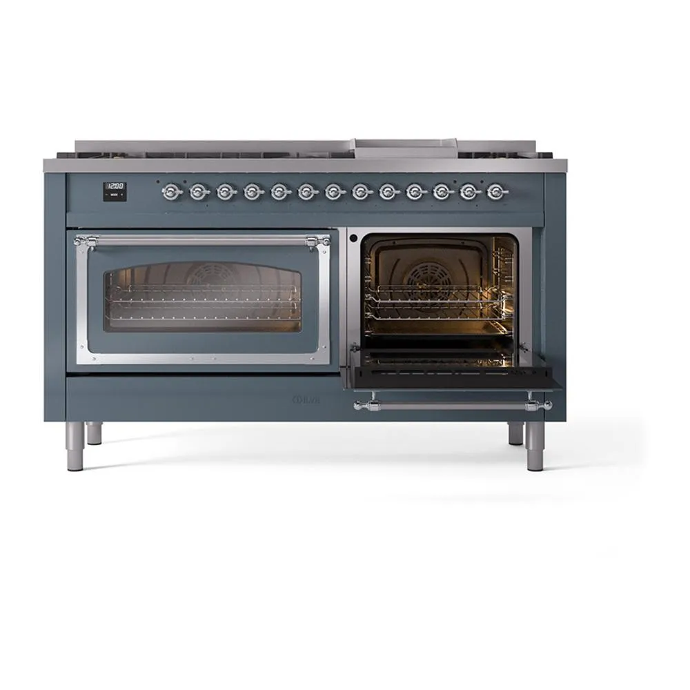 Ilve UN60FNMPBGCLP Ilve Un60Fnmpbgclp Nostalgie Ii Noblesse 60" Dual Fuel Range (9 Sealed Burners   Griddle, Liquid Propane, Triple Glass Door, Blue Grey, Chrome)