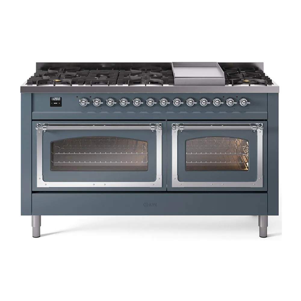 Ilve UN60FNMPBGCLP Ilve Un60Fnmpbgclp Nostalgie Ii Noblesse 60" Dual Fuel Range (9 Sealed Burners   Griddle, Liquid Propane, Triple Glass Door, Blue Grey, Chrome)