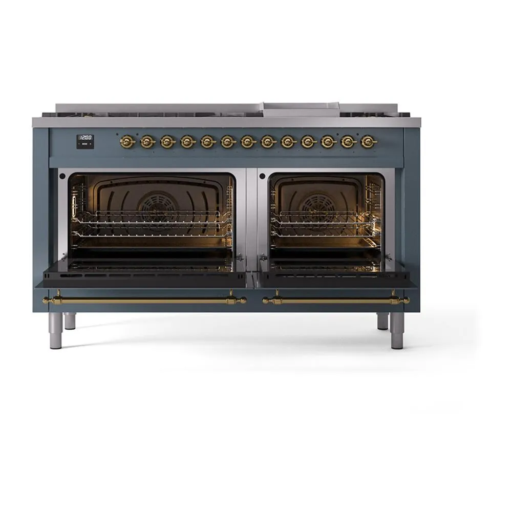 Ilve UN60FNMPBGG Ilve Un60Fnmpbgg Nostalgie Ii Noblesse 60" Dual Fuel Range (9 Sealed Burners   Griddle, Natural Gas, Triple Glass Door, Blue Grey, Brass)
