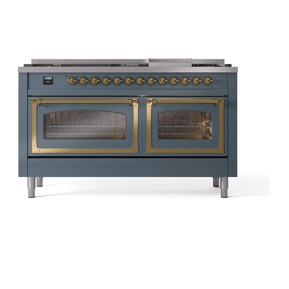 Ilve UN60FNMPBGG Ilve Un60Fnmpbgg Nostalgie Ii Noblesse 60" Dual Fuel Range (9 Sealed Burners   Griddle, Natural Gas, Triple Glass Door, Blue Grey, Brass)