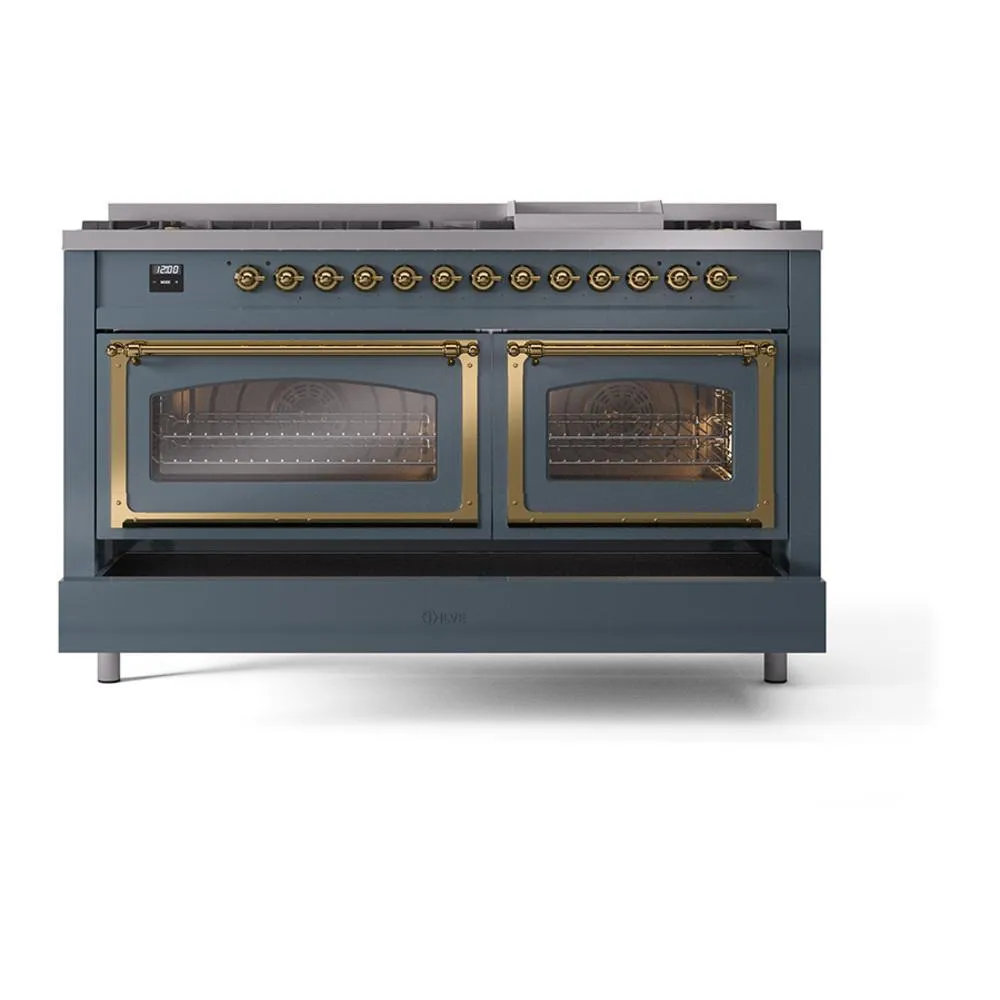 Ilve UN60FNMPBGG Ilve Un60Fnmpbgg Nostalgie Ii Noblesse 60" Dual Fuel Range (9 Sealed Burners   Griddle, Natural Gas, Triple Glass Door, Blue Grey, Brass)