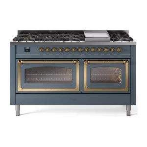 Ilve UN60FNMPBGG Ilve Un60Fnmpbgg Nostalgie Ii Noblesse 60" Dual Fuel Range (9 Sealed Burners   Griddle, Natural Gas, Triple Glass Door, Blue Grey, Brass)
