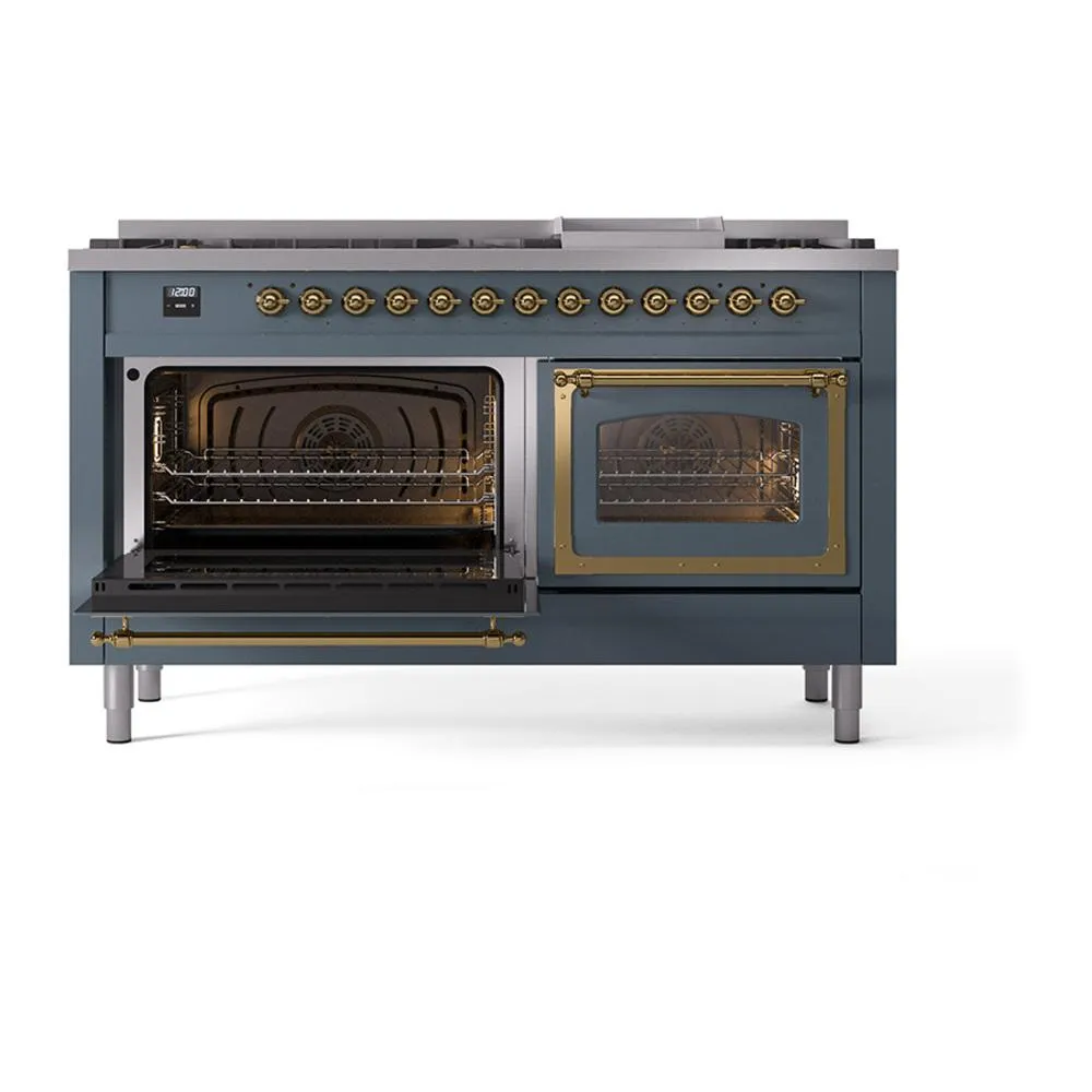 Ilve UN60FNMPBGG Ilve Un60Fnmpbgg Nostalgie Ii Noblesse 60" Dual Fuel Range (9 Sealed Burners   Griddle, Natural Gas, Triple Glass Door, Blue Grey, Brass)