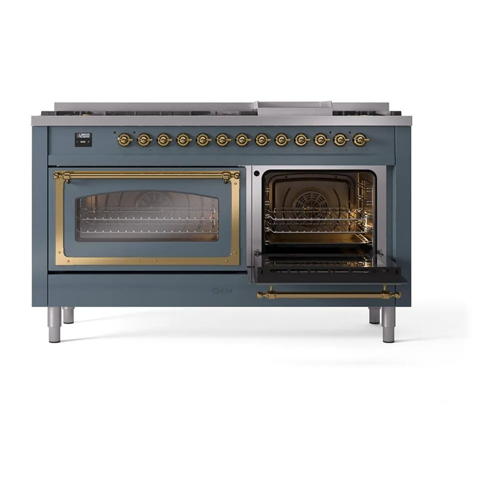 Ilve UN60FNMPBGG Ilve Un60Fnmpbgg Nostalgie Ii Noblesse 60" Dual Fuel Range (9 Sealed Burners   Griddle, Natural Gas, Triple Glass Door, Blue Grey, Brass)