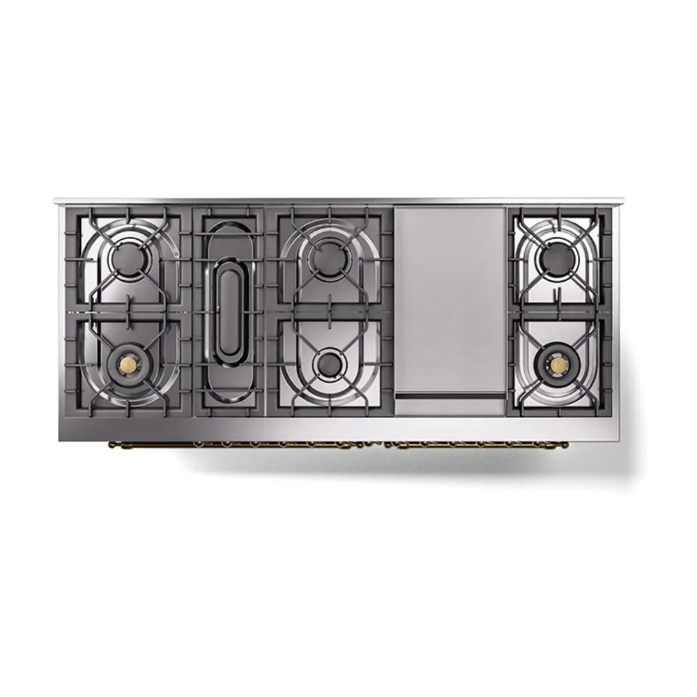 Ilve UN60FNMPBGG Ilve Un60Fnmpbgg Nostalgie Ii Noblesse 60" Dual Fuel Range (9 Sealed Burners   Griddle, Natural Gas, Triple Glass Door, Blue Grey, Brass)