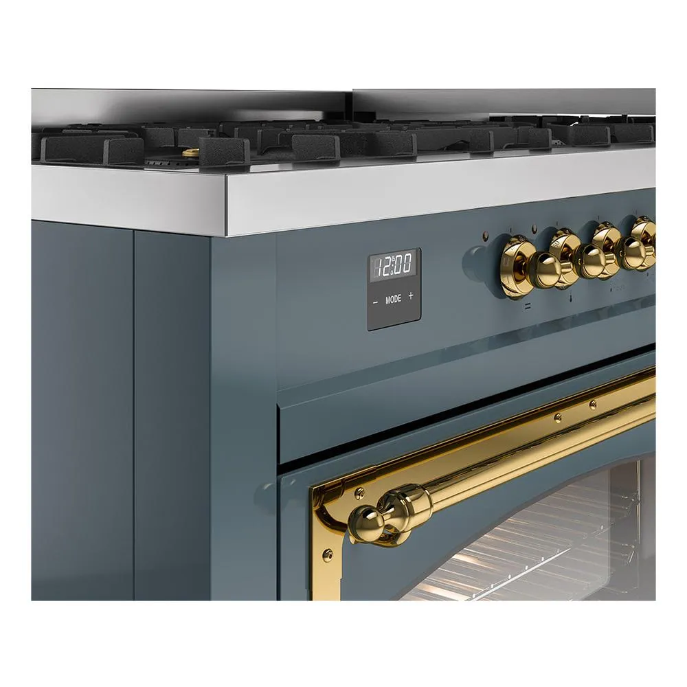 Ilve UN60FNMPBGG Ilve Un60Fnmpbgg Nostalgie Ii Noblesse 60" Dual Fuel Range (9 Sealed Burners   Griddle, Natural Gas, Triple Glass Door, Blue Grey, Brass)