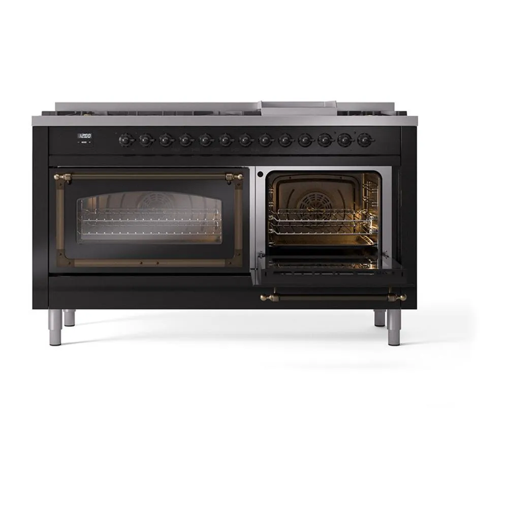 Ilve UN60FNMPBKBLP Ilve Un60Fnmpbkblp Nostalgie Ii Noblesse 60" Dual Fuel Range (9 Sealed Burners   Griddle, Liquid Propane, Triple Glass Door, Glossy Black, Burnished)