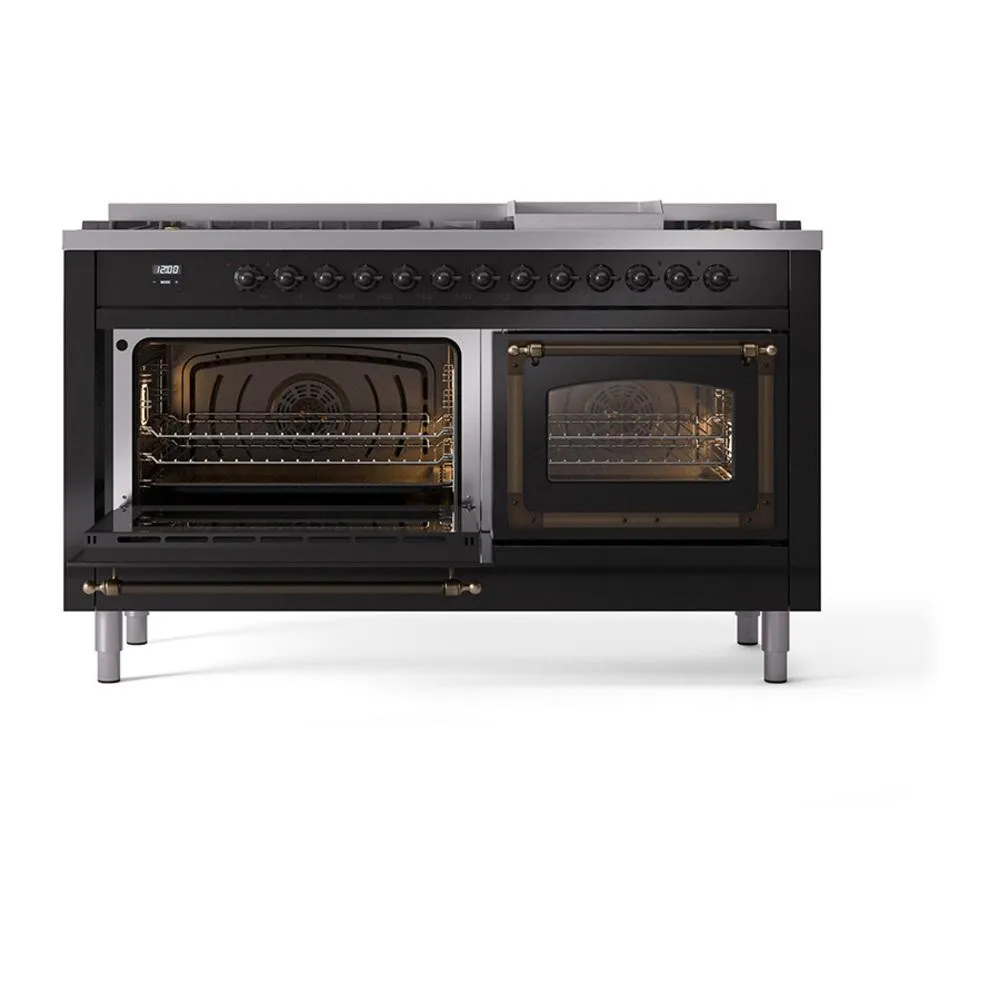 Ilve UN60FNMPBKBLP Ilve Un60Fnmpbkblp Nostalgie Ii Noblesse 60" Dual Fuel Range (9 Sealed Burners   Griddle, Liquid Propane, Triple Glass Door, Glossy Black, Burnished)
