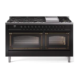 Ilve UN60FNMPBKBLP Ilve Un60Fnmpbkblp Nostalgie Ii Noblesse 60" Dual Fuel Range (9 Sealed Burners   Griddle, Liquid Propane, Triple Glass Door, Glossy Black, Burnished)