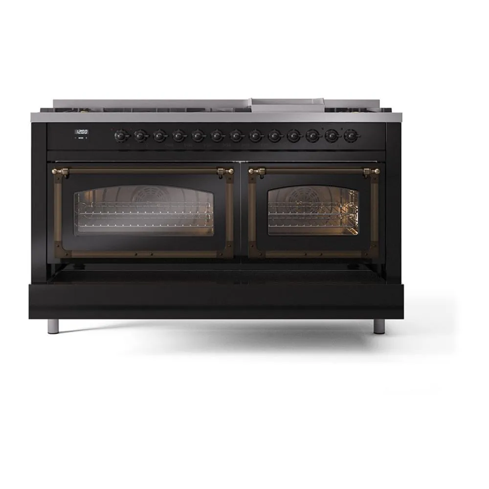Ilve UN60FNMPBKBLP Ilve Un60Fnmpbkblp Nostalgie Ii Noblesse 60" Dual Fuel Range (9 Sealed Burners   Griddle, Liquid Propane, Triple Glass Door, Glossy Black, Burnished)