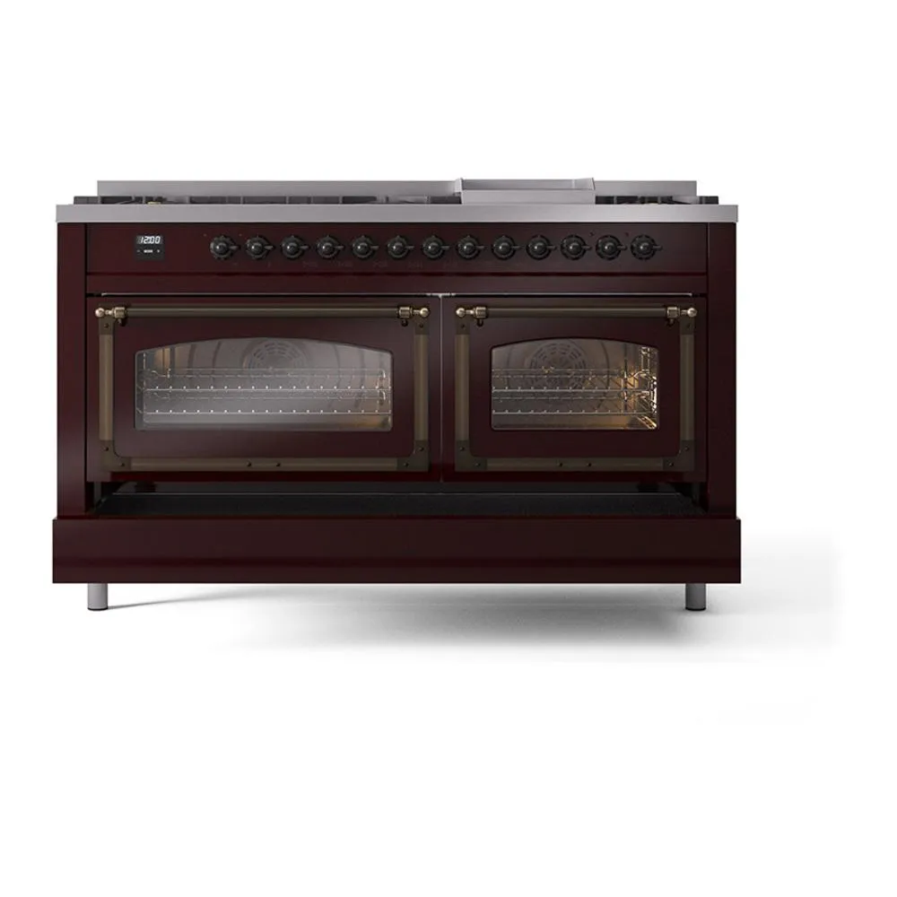 Ilve UN60FNMPBUBLP Ilve Un60Fnmpbublp Nostalgie Ii Noblesse 60" Dual Fuel Range (9 Sealed Burners   Griddle, Liquid Propane, Triple Glass Door, Burgundy, Burnished)