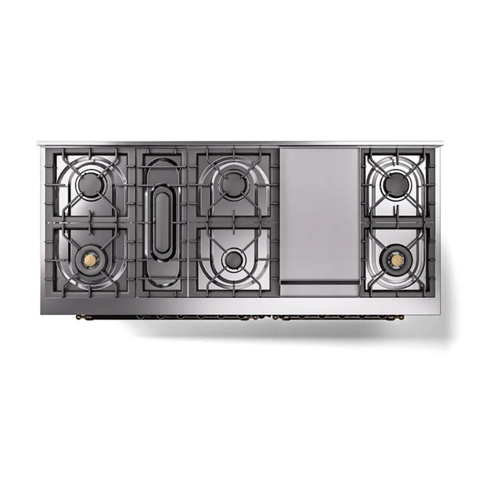 Ilve UN60FNMPBUBLP Ilve Un60Fnmpbublp Nostalgie Ii Noblesse 60" Dual Fuel Range (9 Sealed Burners   Griddle, Liquid Propane, Triple Glass Door, Burgundy, Burnished)