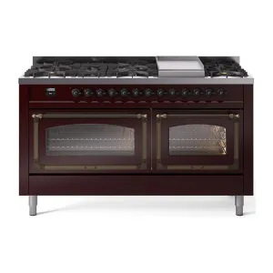 Ilve UN60FNMPBUBLP Ilve Un60Fnmpbublp Nostalgie Ii Noblesse 60" Dual Fuel Range (9 Sealed Burners   Griddle, Liquid Propane, Triple Glass Door, Burgundy, Burnished)