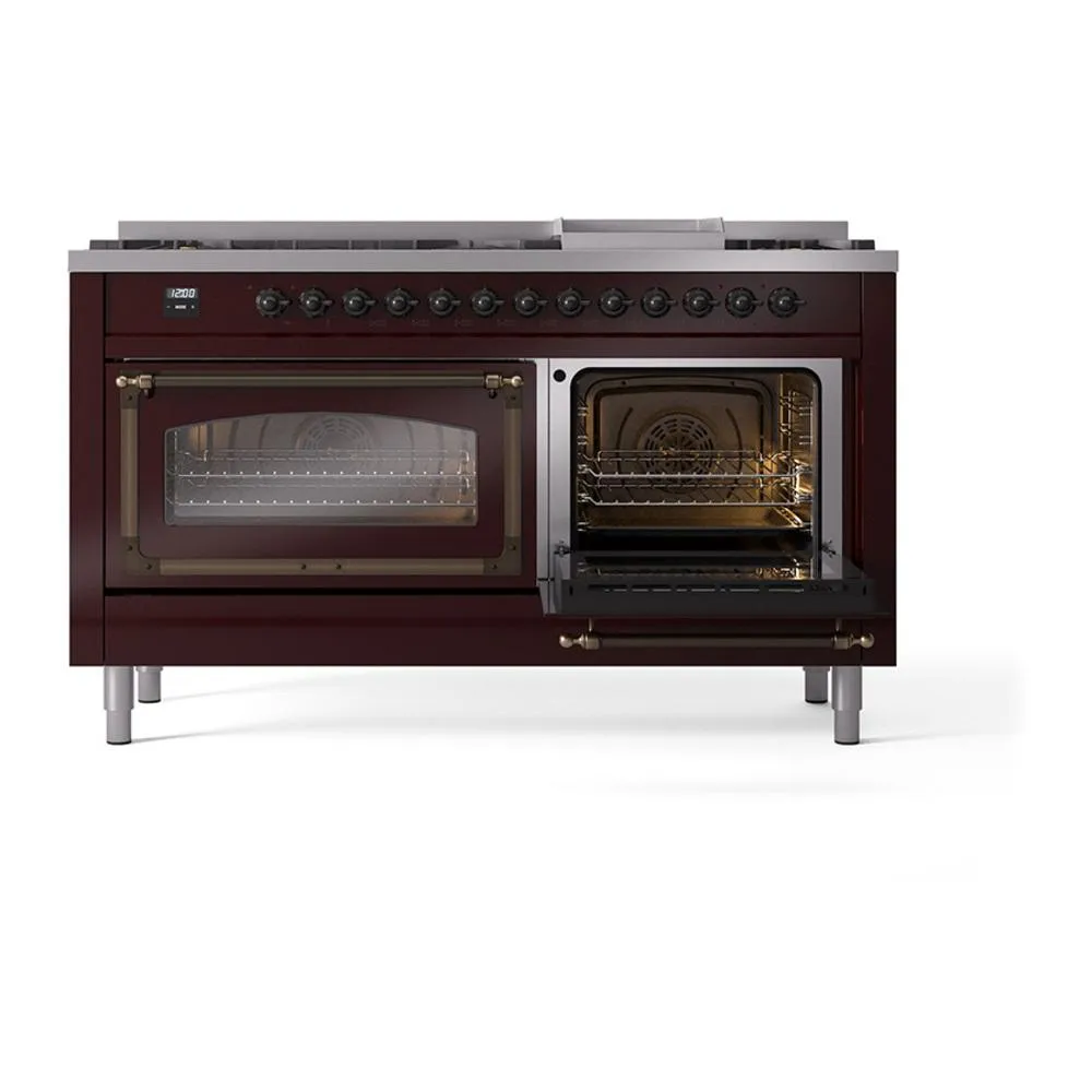 Ilve UN60FNMPBUBLP Ilve Un60Fnmpbublp Nostalgie Ii Noblesse 60" Dual Fuel Range (9 Sealed Burners   Griddle, Liquid Propane, Triple Glass Door, Burgundy, Burnished)