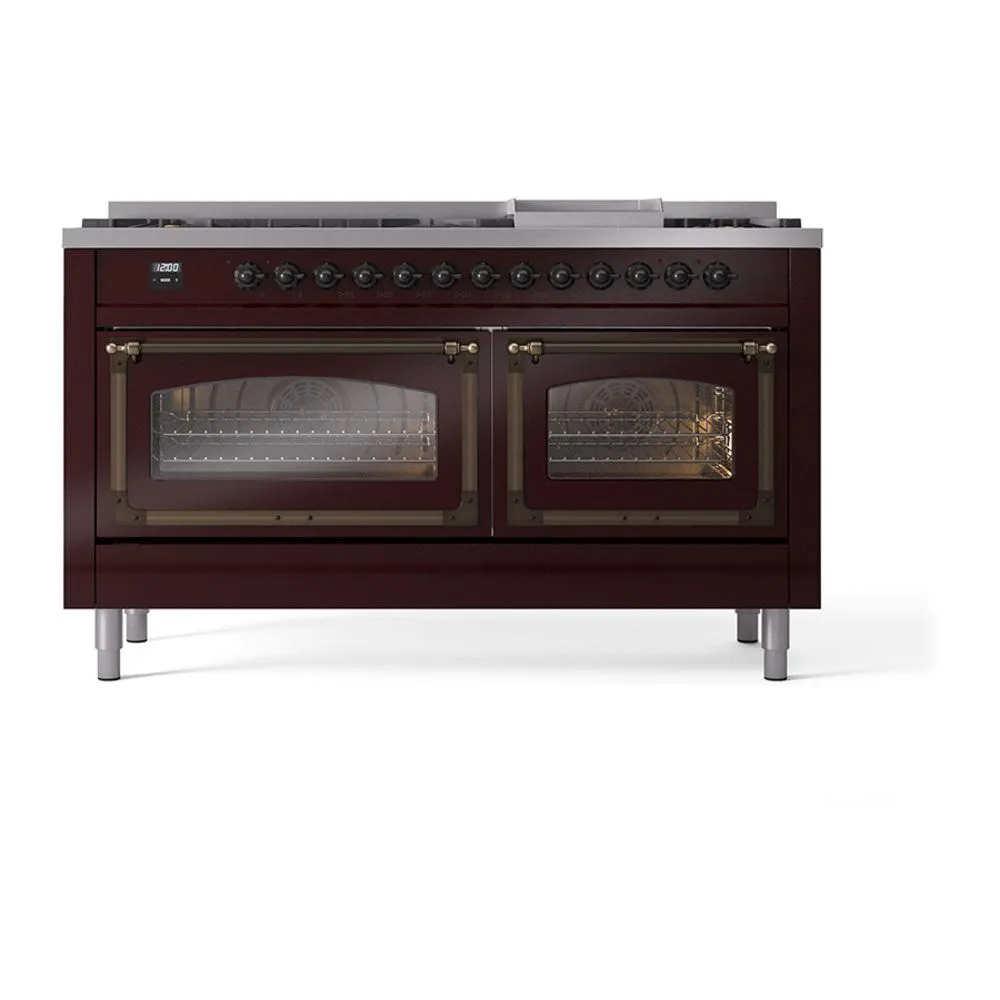 Ilve UN60FNMPBUBLP Ilve Un60Fnmpbublp Nostalgie Ii Noblesse 60" Dual Fuel Range (9 Sealed Burners   Griddle, Liquid Propane, Triple Glass Door, Burgundy, Burnished)