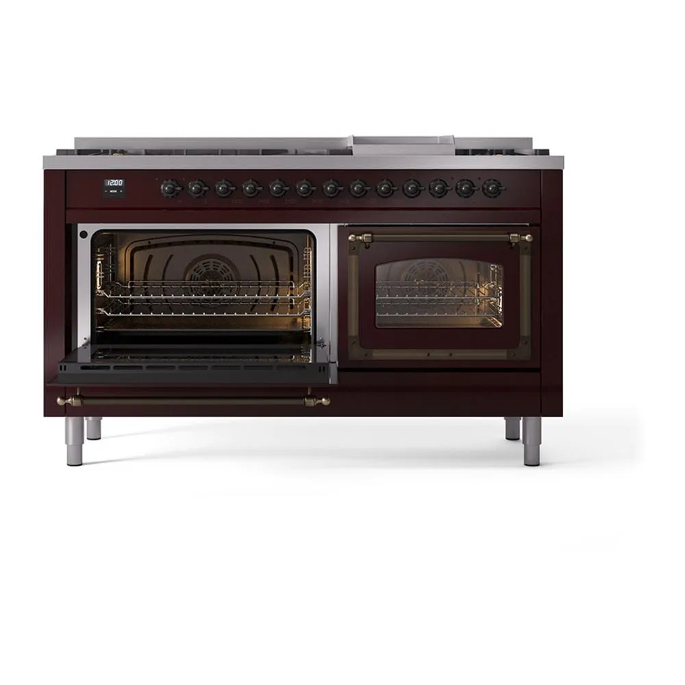 Ilve UN60FNMPBUBLP Ilve Un60Fnmpbublp Nostalgie Ii Noblesse 60" Dual Fuel Range (9 Sealed Burners   Griddle, Liquid Propane, Triple Glass Door, Burgundy, Burnished)