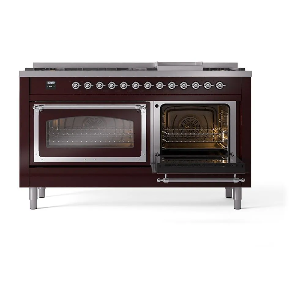 Ilve UN60FNMPBUCLP Ilve Un60Fnmpbuclp Nostalgie Ii Noblesse 60" Dual Fuel Range (9 Sealed Burners   Griddle, Liquid Propane, Triple Glass Door, Burgundy, Chrome)
