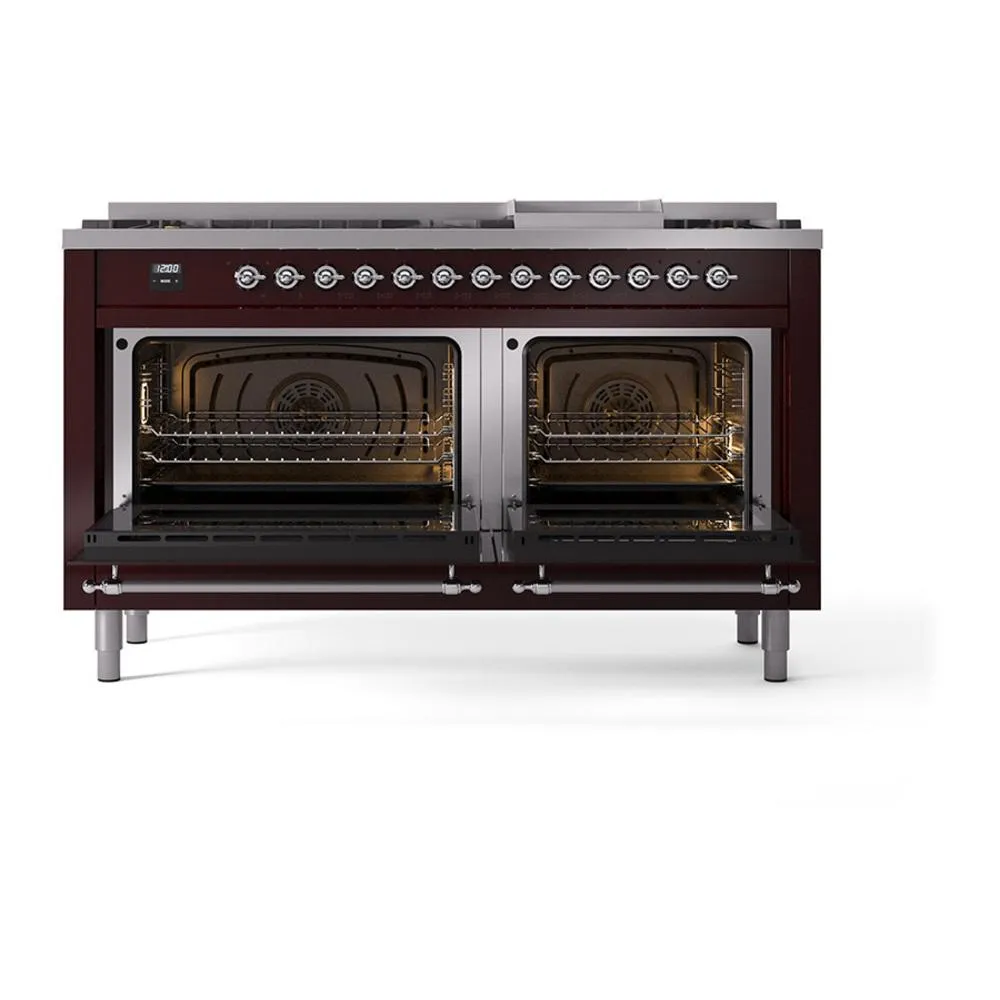 Ilve UN60FNMPBUCLP Ilve Un60Fnmpbuclp Nostalgie Ii Noblesse 60" Dual Fuel Range (9 Sealed Burners   Griddle, Liquid Propane, Triple Glass Door, Burgundy, Chrome)