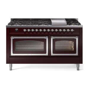 Ilve UN60FNMPBUCLP Ilve Un60Fnmpbuclp Nostalgie Ii Noblesse 60" Dual Fuel Range (9 Sealed Burners   Griddle, Liquid Propane, Triple Glass Door, Burgundy, Chrome)