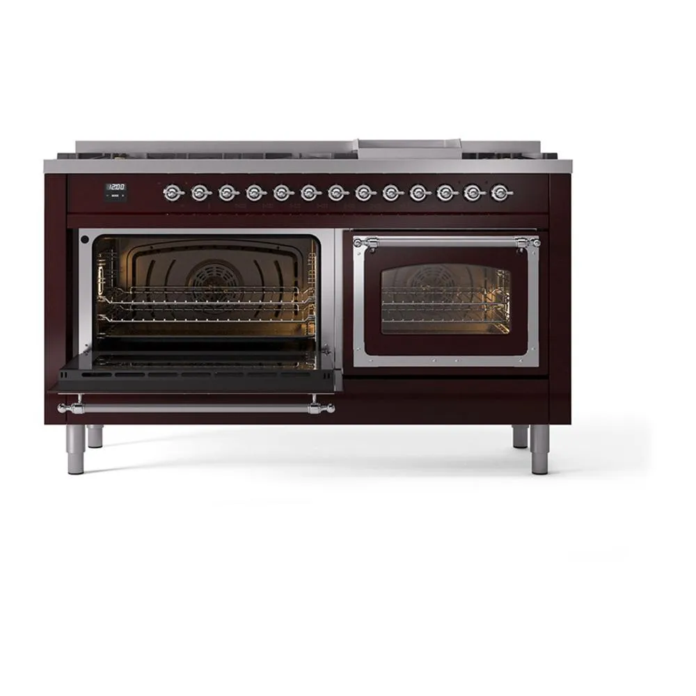 Ilve UN60FNMPBUCLP Ilve Un60Fnmpbuclp Nostalgie Ii Noblesse 60" Dual Fuel Range (9 Sealed Burners   Griddle, Liquid Propane, Triple Glass Door, Burgundy, Chrome)