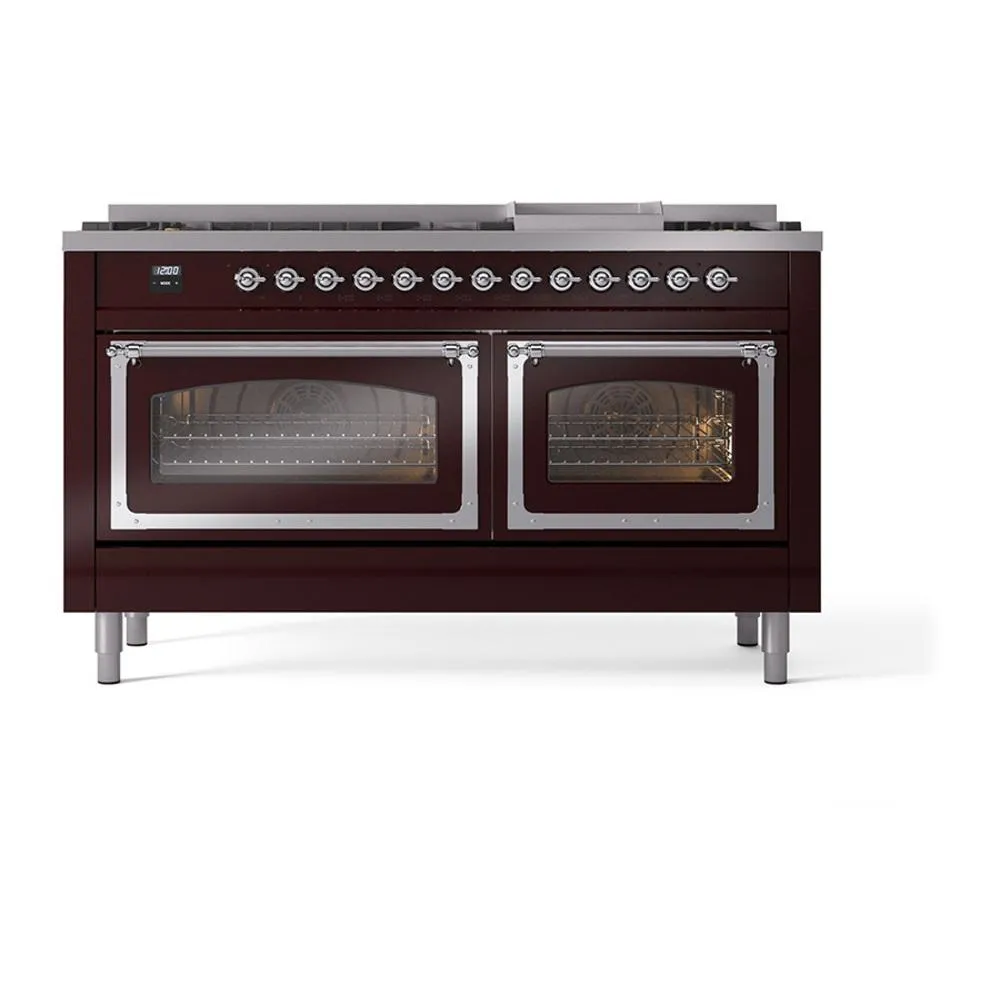 Ilve UN60FNMPBUCLP Ilve Un60Fnmpbuclp Nostalgie Ii Noblesse 60" Dual Fuel Range (9 Sealed Burners   Griddle, Liquid Propane, Triple Glass Door, Burgundy, Chrome)