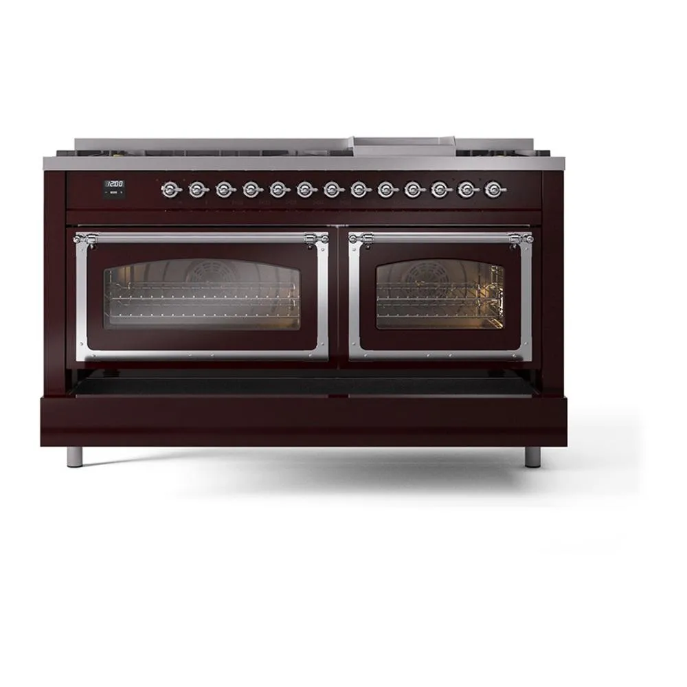 Ilve UN60FNMPBUCLP Ilve Un60Fnmpbuclp Nostalgie Ii Noblesse 60" Dual Fuel Range (9 Sealed Burners   Griddle, Liquid Propane, Triple Glass Door, Burgundy, Chrome)