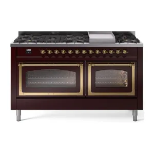 Ilve UN60FNMPBUGLP Ilve Un60Fnmpbuglp Nostalgie Ii Noblesse 60" Dual Fuel Range (9 Sealed Burners   Griddle, Liquid Propane, Triple Glass Door, Burgundy, Brass)