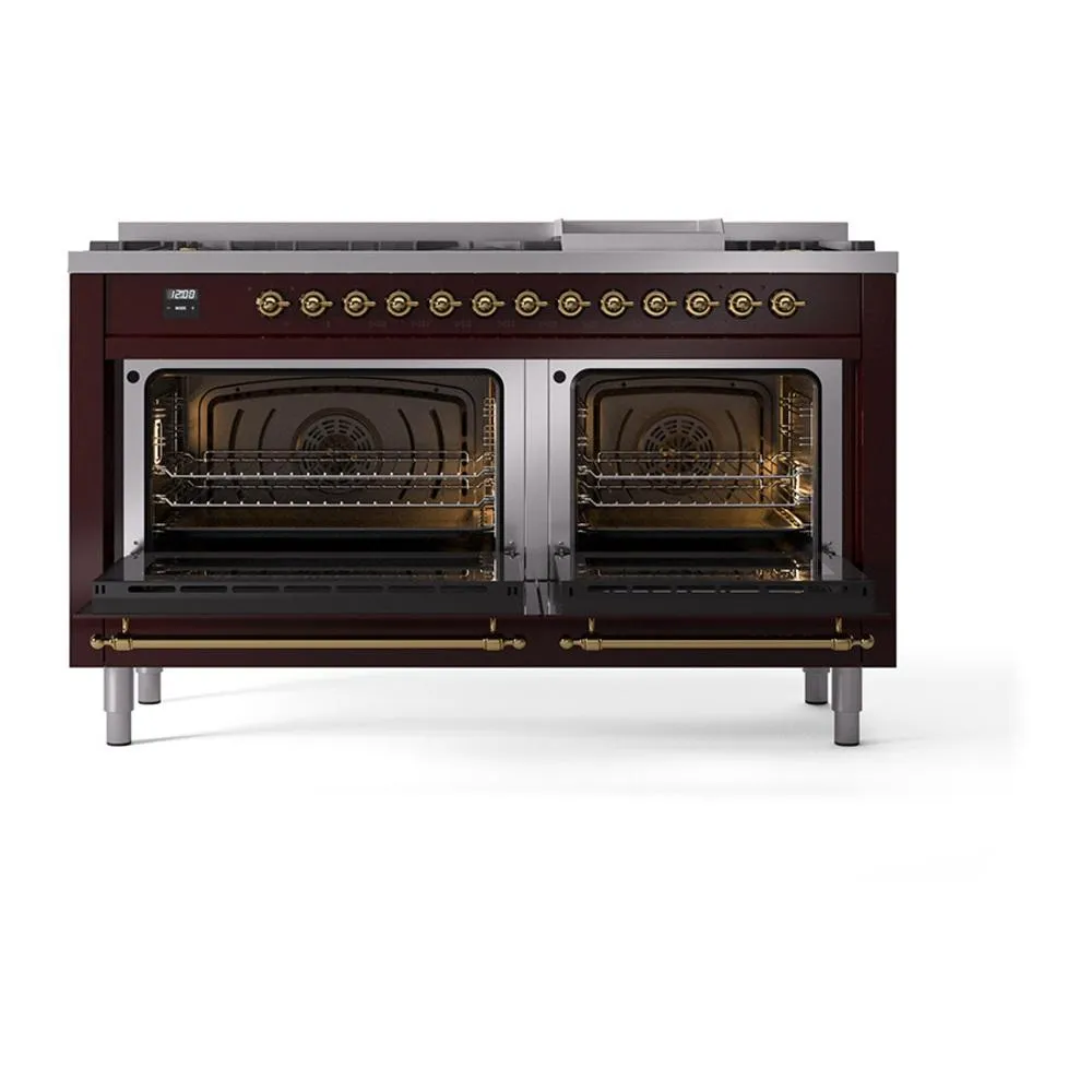 Ilve UN60FNMPBUGLP Ilve Un60Fnmpbuglp Nostalgie Ii Noblesse 60" Dual Fuel Range (9 Sealed Burners   Griddle, Liquid Propane, Triple Glass Door, Burgundy, Brass)