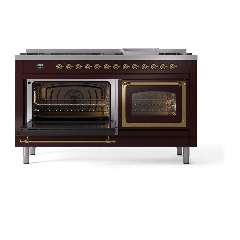 Ilve UN60FNMPBUGLP Ilve Un60Fnmpbuglp Nostalgie Ii Noblesse 60" Dual Fuel Range (9 Sealed Burners   Griddle, Liquid Propane, Triple Glass Door, Burgundy, Brass)
