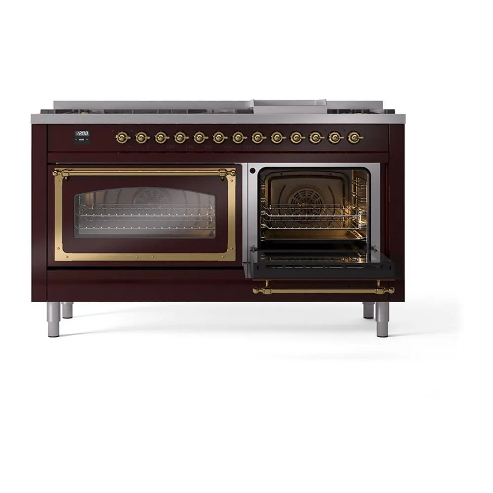 Ilve UN60FNMPBUGLP Ilve Un60Fnmpbuglp Nostalgie Ii Noblesse 60" Dual Fuel Range (9 Sealed Burners   Griddle, Liquid Propane, Triple Glass Door, Burgundy, Brass)