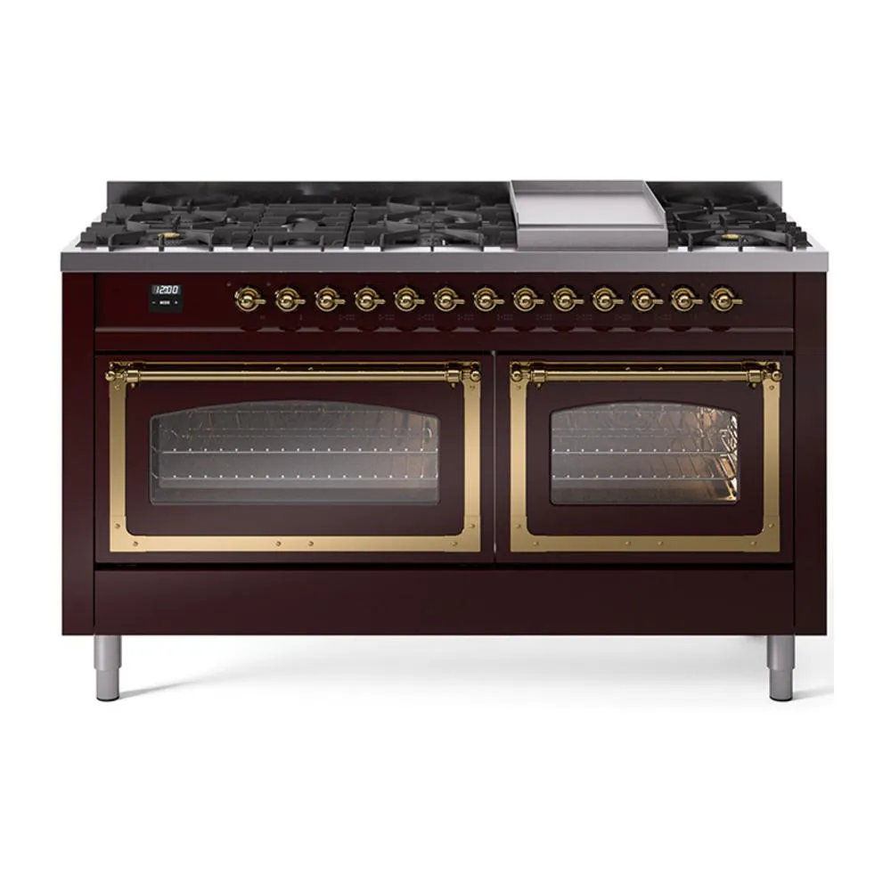 Ilve UN60FNMPBUGLP Ilve Un60Fnmpbuglp Nostalgie Ii Noblesse 60" Dual Fuel Range (9 Sealed Burners   Griddle, Liquid Propane, Triple Glass Door, Burgundy, Brass)