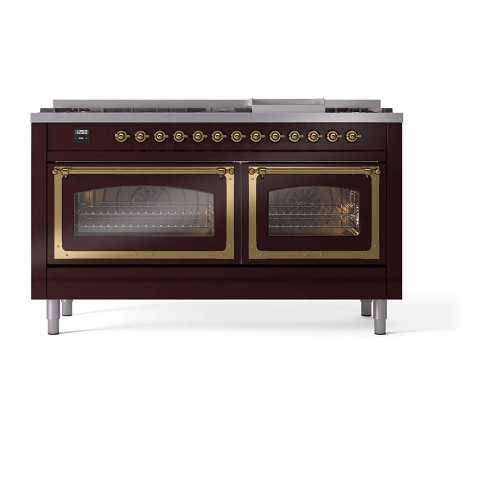 Ilve UN60FNMPBUGLP Ilve Un60Fnmpbuglp Nostalgie Ii Noblesse 60" Dual Fuel Range (9 Sealed Burners   Griddle, Liquid Propane, Triple Glass Door, Burgundy, Brass)