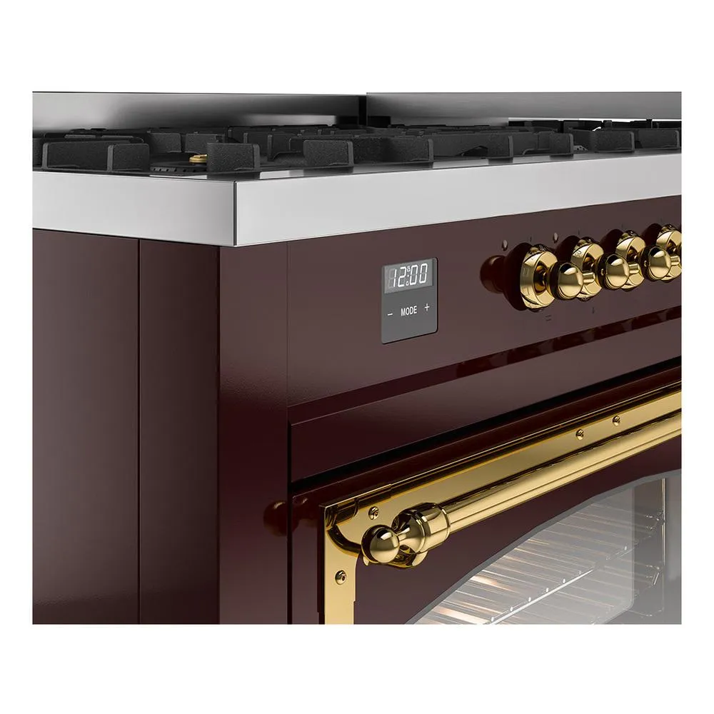 Ilve UN60FNMPBUGLP Ilve Un60Fnmpbuglp Nostalgie Ii Noblesse 60" Dual Fuel Range (9 Sealed Burners   Griddle, Liquid Propane, Triple Glass Door, Burgundy, Brass)