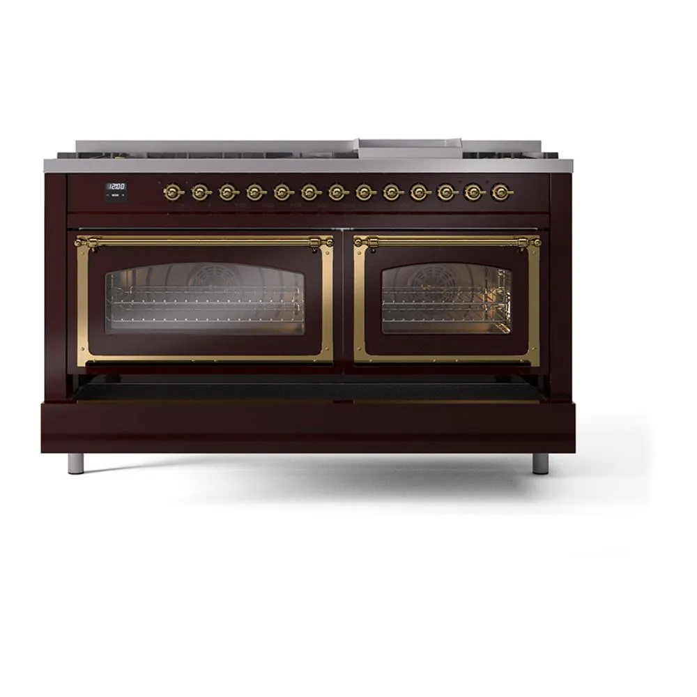 Ilve UN60FNMPBUGLP Ilve Un60Fnmpbuglp Nostalgie Ii Noblesse 60" Dual Fuel Range (9 Sealed Burners   Griddle, Liquid Propane, Triple Glass Door, Burgundy, Brass)