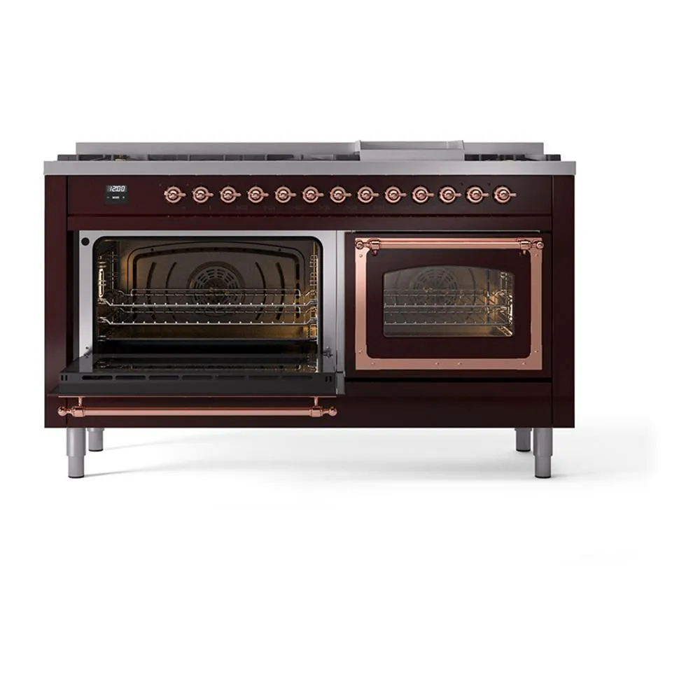 Ilve UN60FNMPBUPLP Ilve Un60Fnmpbuplp Nostalgie Ii Noblesse 60" Dual Fuel Range (9 Sealed Burners   Griddle, Liquid Propane, Triple Glass Door, Burgundy, Copper)