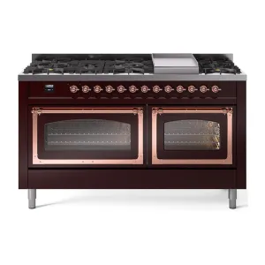 Ilve UN60FNMPBUPLP Ilve Un60Fnmpbuplp Nostalgie Ii Noblesse 60" Dual Fuel Range (9 Sealed Burners   Griddle, Liquid Propane, Triple Glass Door, Burgundy, Copper)