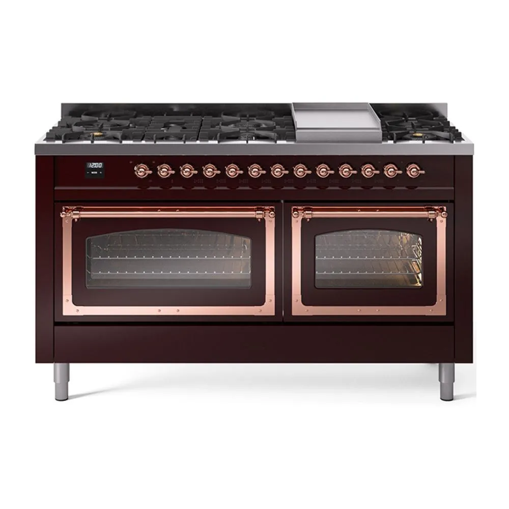 Ilve UN60FNMPBUPLP Ilve Un60Fnmpbuplp Nostalgie Ii Noblesse 60" Dual Fuel Range (9 Sealed Burners   Griddle, Liquid Propane, Triple Glass Door, Burgundy, Copper)