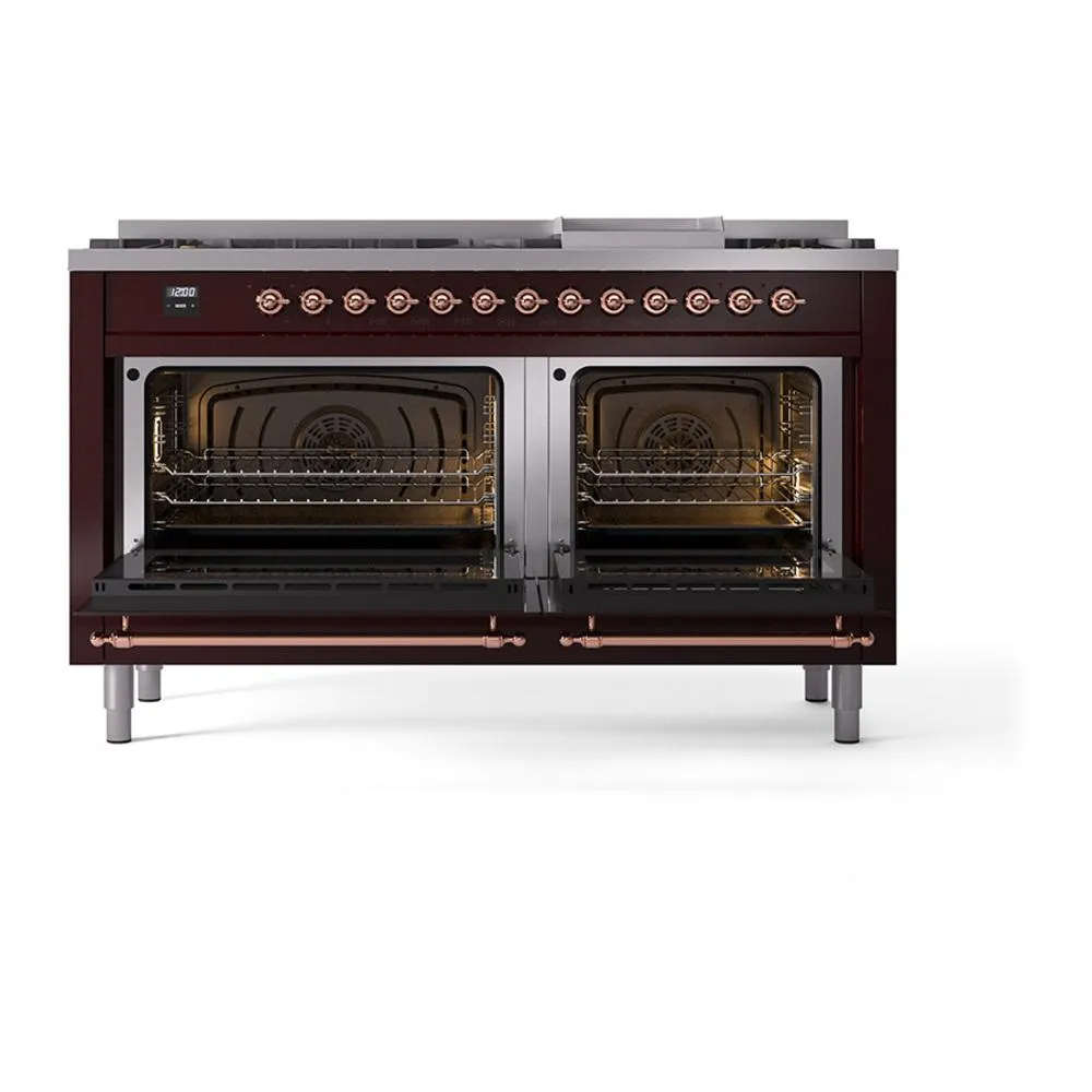 Ilve UN60FNMPBUPLP Ilve Un60Fnmpbuplp Nostalgie Ii Noblesse 60" Dual Fuel Range (9 Sealed Burners   Griddle, Liquid Propane, Triple Glass Door, Burgundy, Copper)