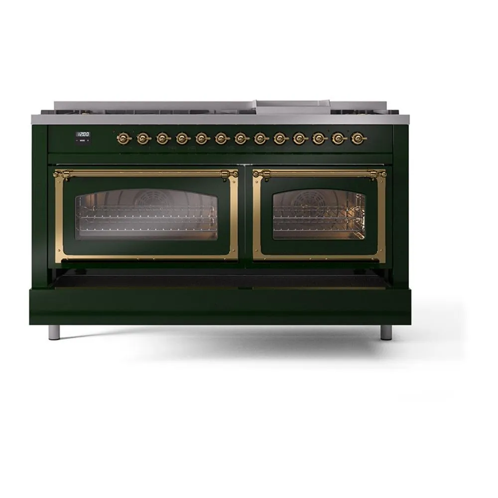 Ilve UN60FNMPEGG Ilve Un60Fnmpegg Nostalgie Ii Noblesse 60" Dual Fuel Range (9 Sealed Burners   Griddle, Natural Gas, Triple Glass Door, Emerald Green, Brass)
