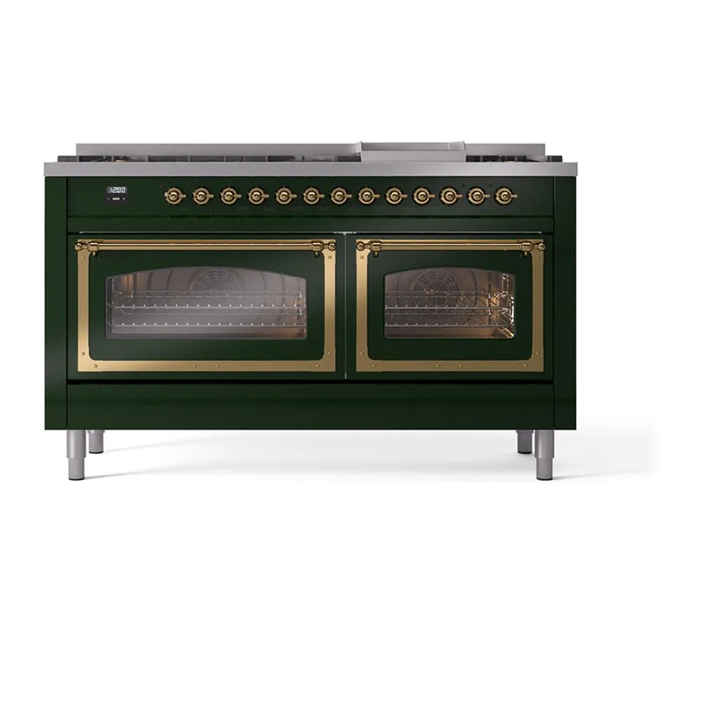 Ilve UN60FNMPEGG Ilve Un60Fnmpegg Nostalgie Ii Noblesse 60" Dual Fuel Range (9 Sealed Burners   Griddle, Natural Gas, Triple Glass Door, Emerald Green, Brass)