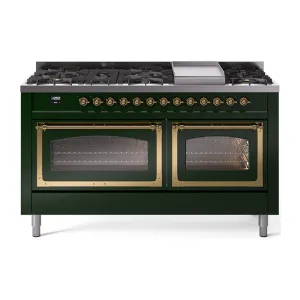 Ilve UN60FNMPEGG Ilve Un60Fnmpegg Nostalgie Ii Noblesse 60" Dual Fuel Range (9 Sealed Burners   Griddle, Natural Gas, Triple Glass Door, Emerald Green, Brass)