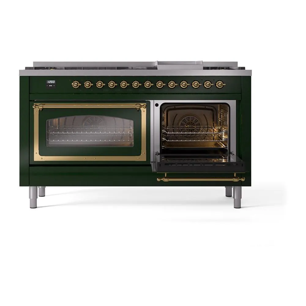 Ilve UN60FNMPEGG Ilve Un60Fnmpegg Nostalgie Ii Noblesse 60" Dual Fuel Range (9 Sealed Burners   Griddle, Natural Gas, Triple Glass Door, Emerald Green, Brass)