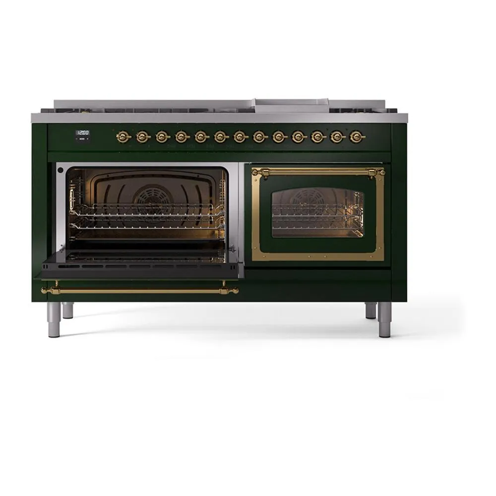 Ilve UN60FNMPEGG Ilve Un60Fnmpegg Nostalgie Ii Noblesse 60" Dual Fuel Range (9 Sealed Burners   Griddle, Natural Gas, Triple Glass Door, Emerald Green, Brass)