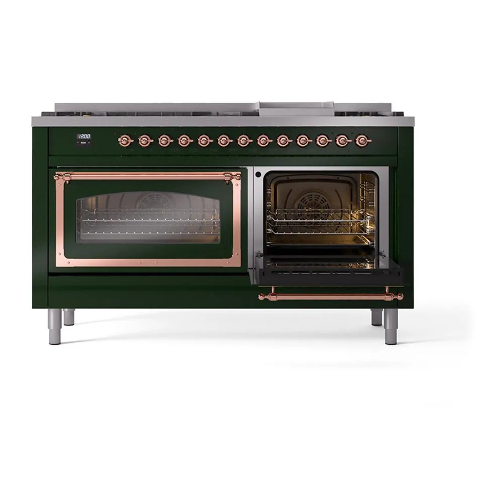 Ilve UN60FNMPEGPLP Ilve Un60Fnmpegplp Nostalgie Ii Noblesse 60" Dual Fuel Range (9 Sealed Burners   Griddle, Liquid Propane, Triple Glass Door, Emerald Green, Copper)